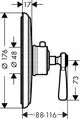 Montiertes AXOR Thermostat mit Hebelgriff in Chromfarbe, seitliche Ansicht. Maße und Details sind zur besseren Installation und Funktion sichtbar.